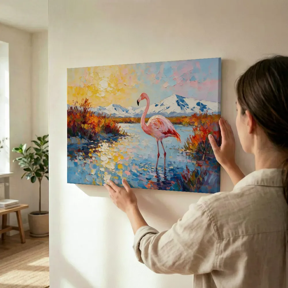 Sfeerimpressie: Flamingo in pose in de sneeuw terwijl het wordt opgehangen