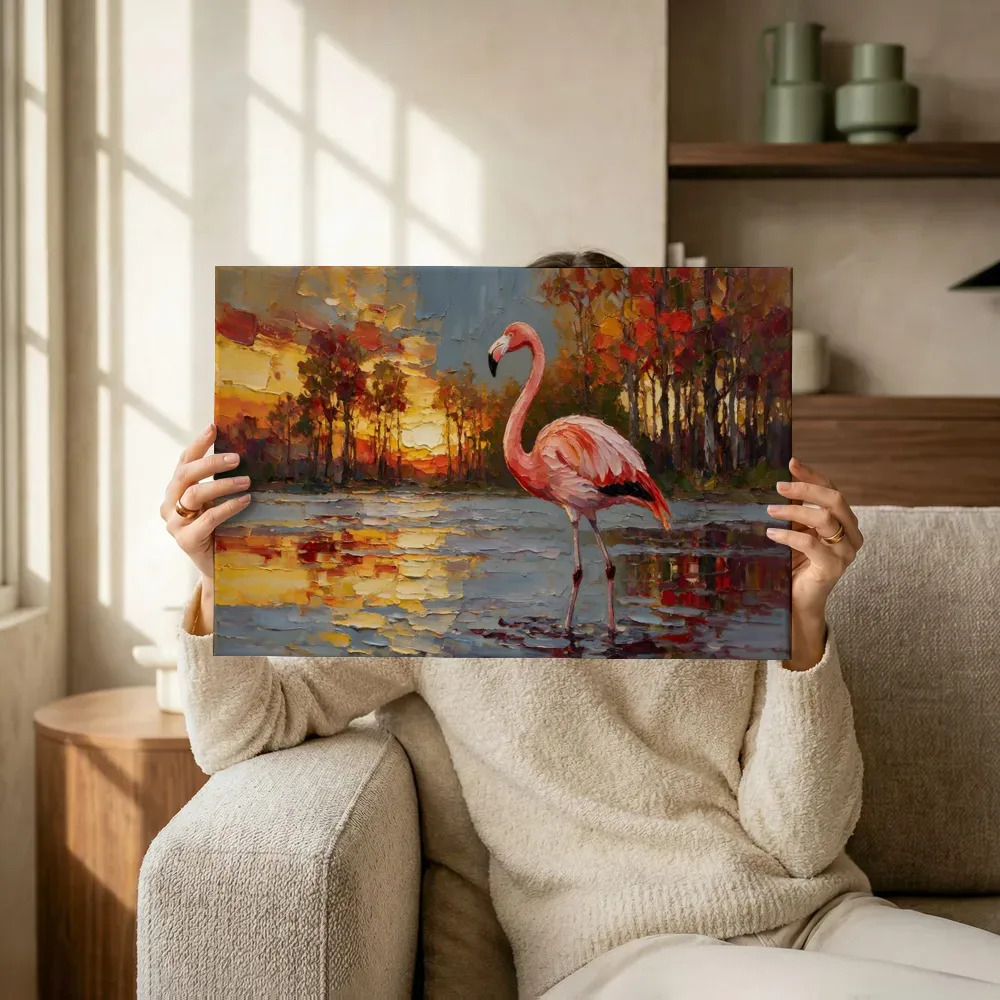 Sfeerimpressie: Flamingo in pose tussen de bomen terwijl het omhoog wordt gehouden