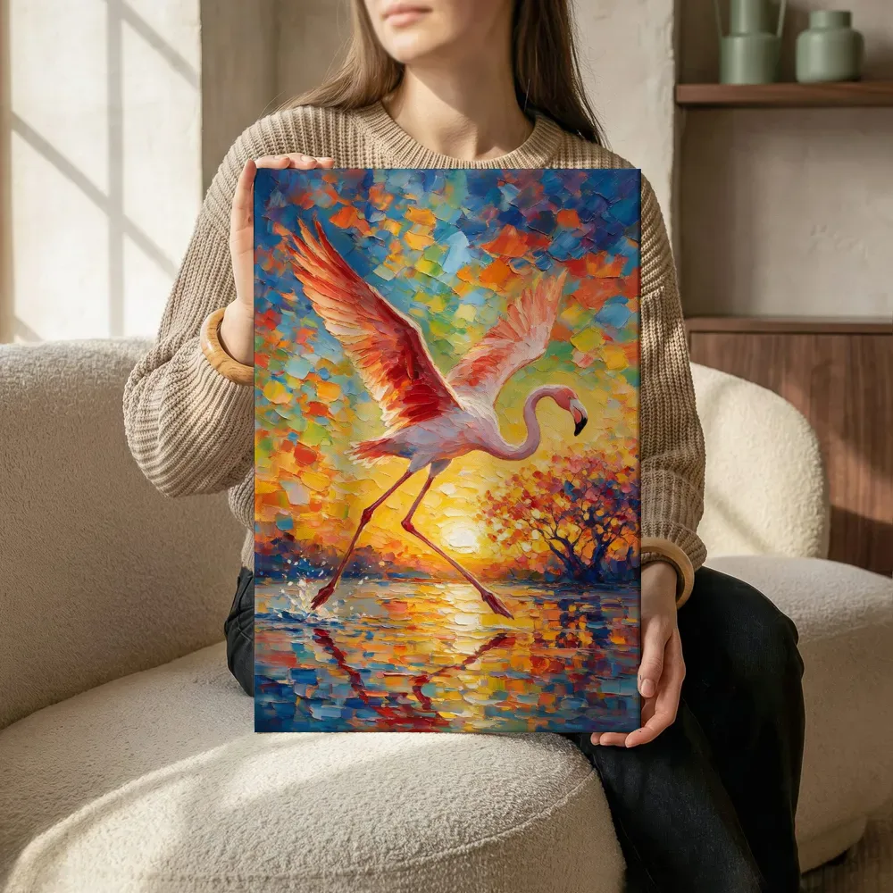 Sfeerimpressie: Flamingo in warme beweging bij bloesem terwijl het aan de muur wordt gehangen