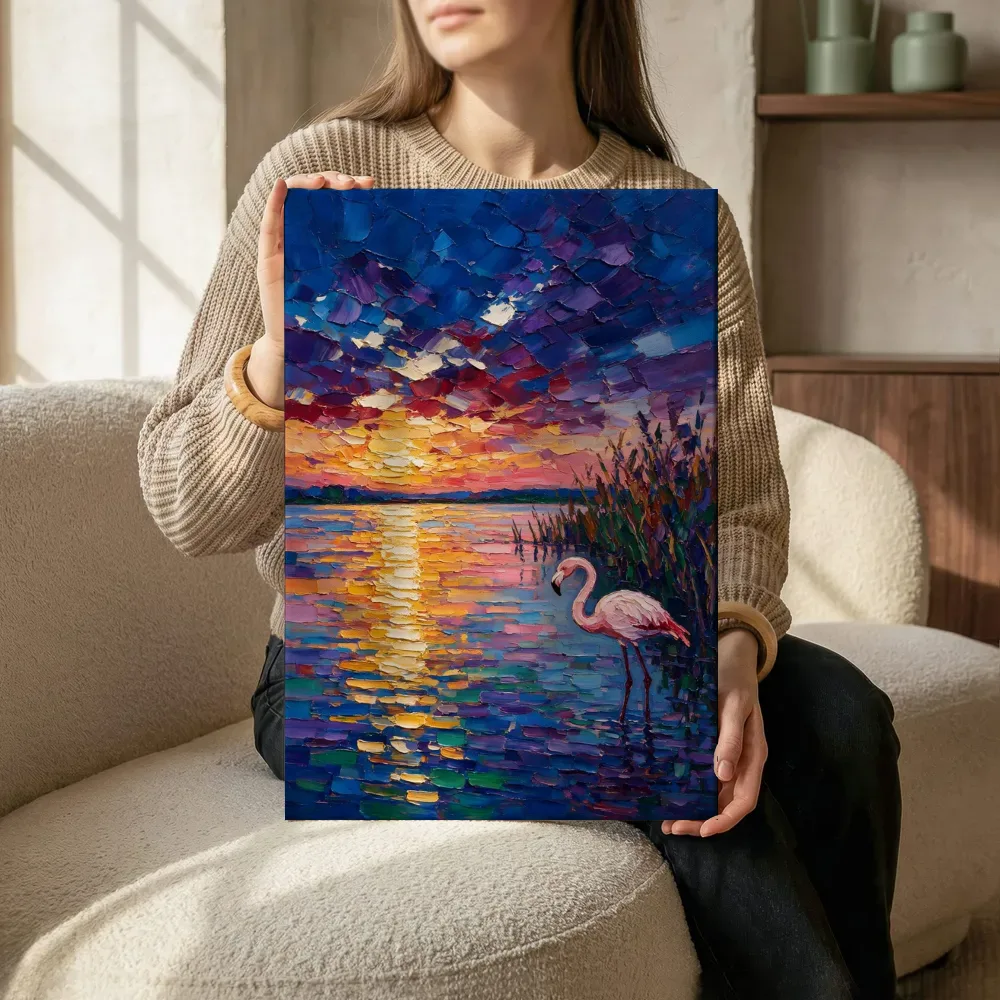 Sfeerimpressie: Flamingo warm in het landschap aan het water terwijl het aan de muur wordt gehangen