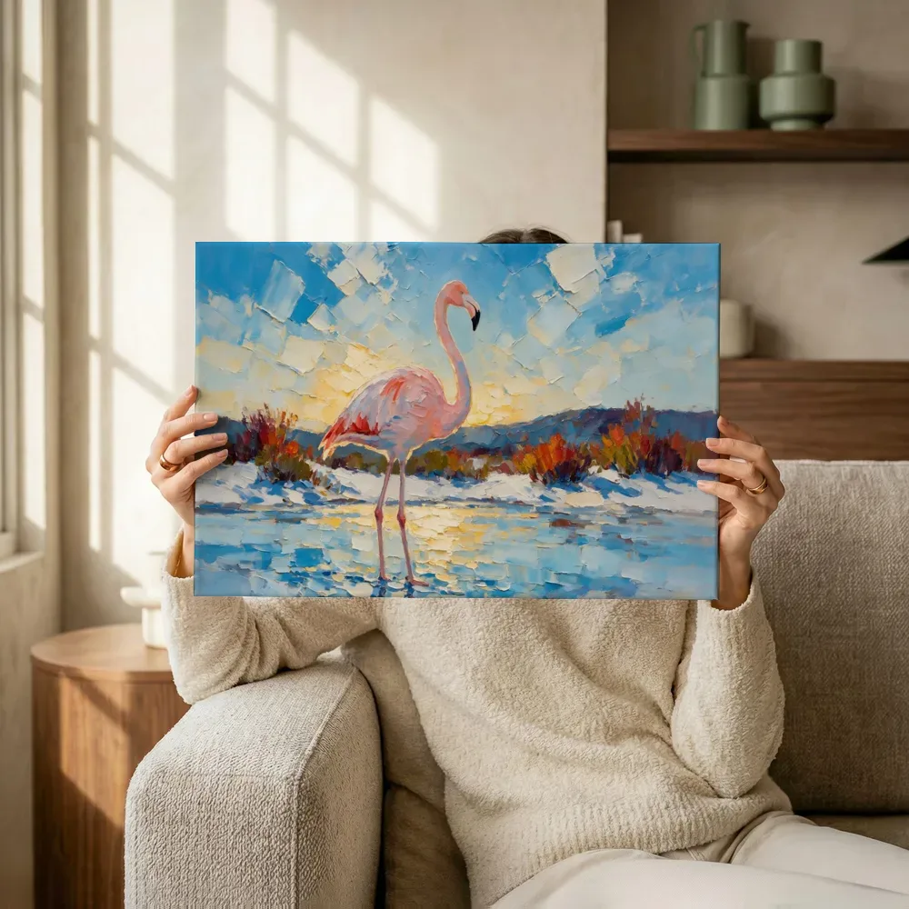 Sfeerimpressie: Flamingo in warme pose in de sneeuw terwijl het wordt opgehangen