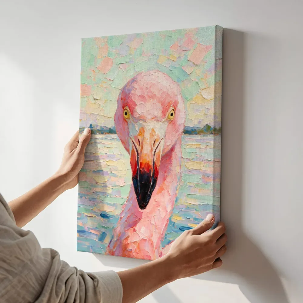 Sfeerimpressie: Flamingo portret aan het water in diep terracotta terwijl het zittend wordt getoond