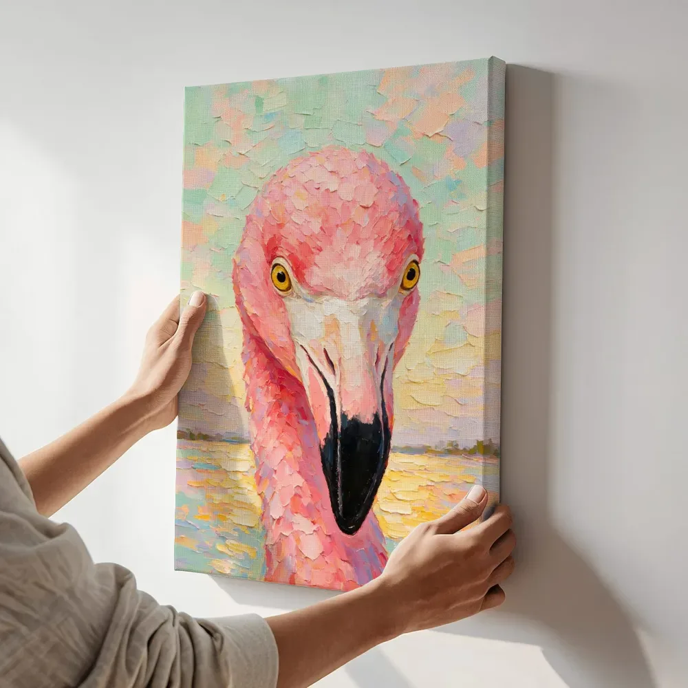 Sfeerimpressie: Flamingo portret aan het water in donker terracotta terwijl het aan de muur wordt gehangen