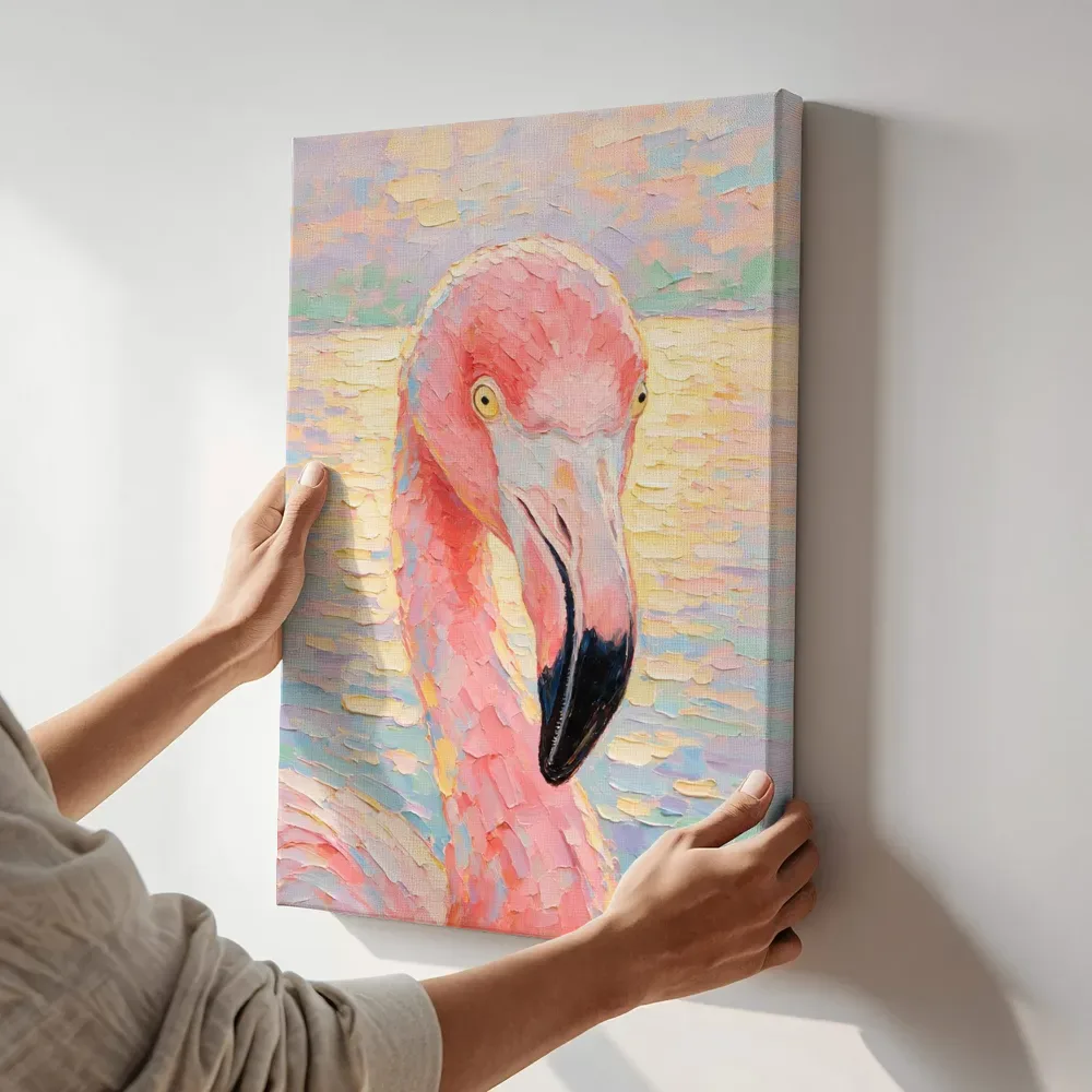 Sfeerimpressie: Flamingo portret aan het water in warm terracotta terwijl het zittend wordt getoond