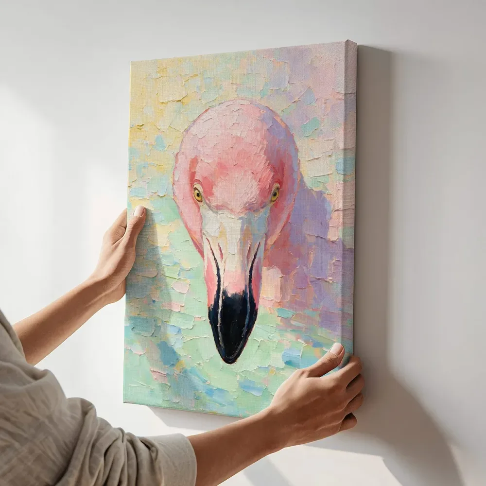Sfeerimpressie: Flamingo portret tegen een muur in de schaduw terwijl het aan de muur wordt gehangen