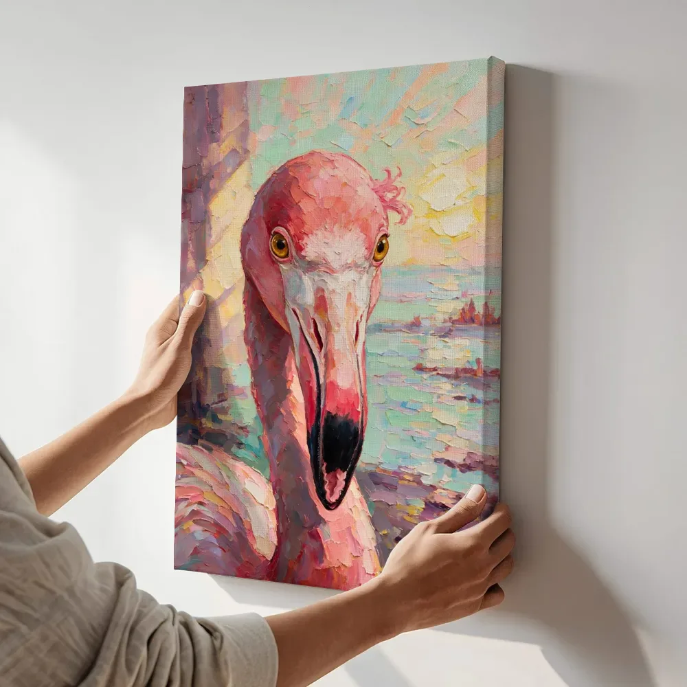 Sfeerimpressie: Flamingo portret tegen een muur diep in de schaduw naast de kast