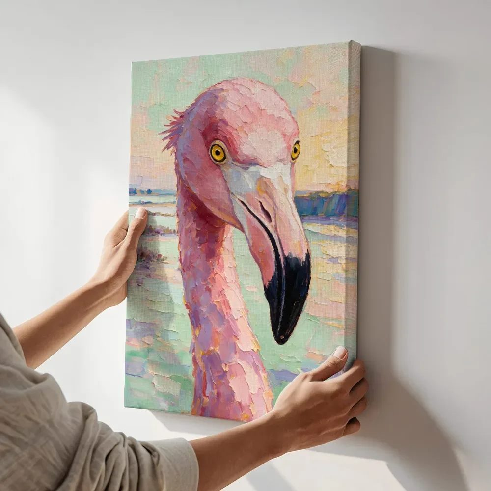 Sfeerimpressie: Flamingo portret tegen een muur donker in de schaduw terwijl het aan de muur wordt gehangen
