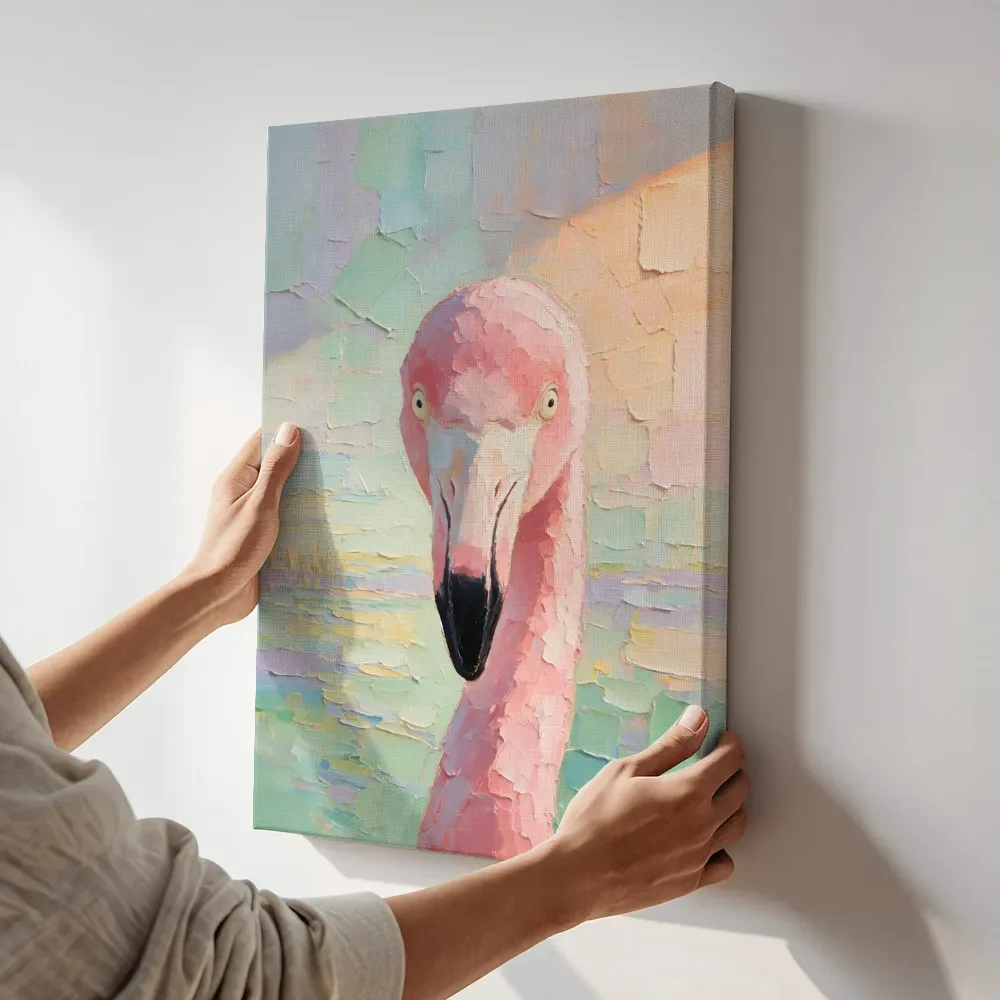 Sfeerimpressie: Flamingo portret tegen een muur warm in de schaduw naast de kast