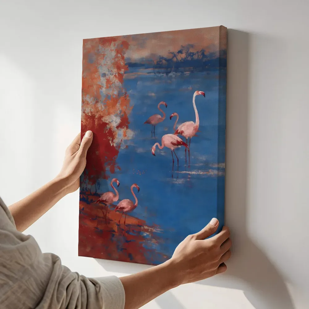 Sfeerimpressie: Flamingo's in blauw en rood water terwijl het aan de muur wordt gehangen
