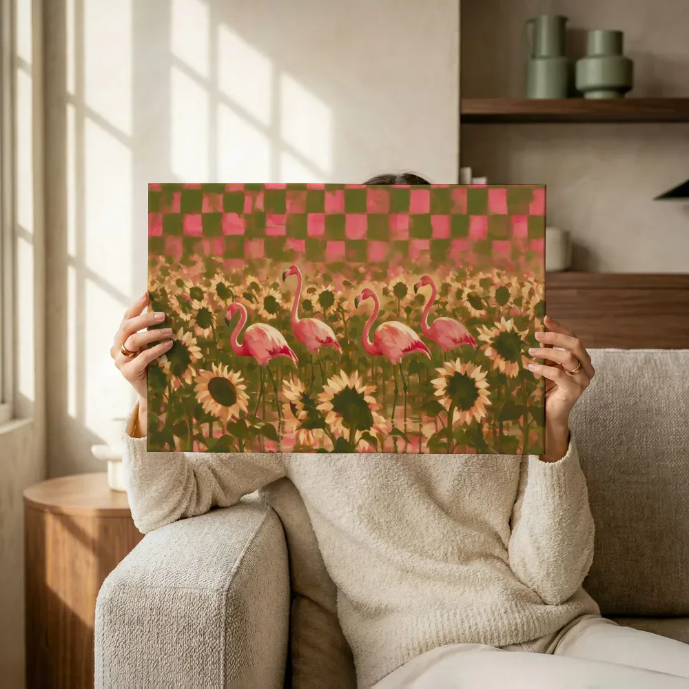 Sfeerimpressie: Flamingo's in een zonnebloemenveld in roze en olijf terwijl het omhoog wordt gehouden
