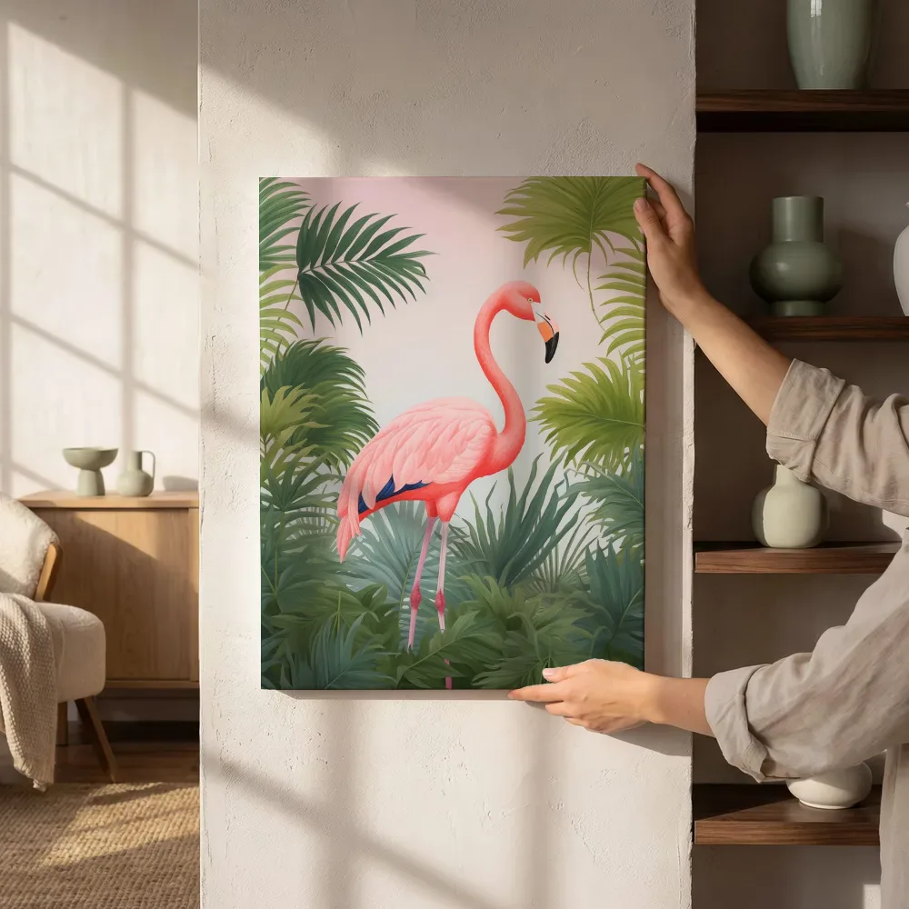 Sfeerimpressie: Flamingo tussen palmbladeren naast de kast