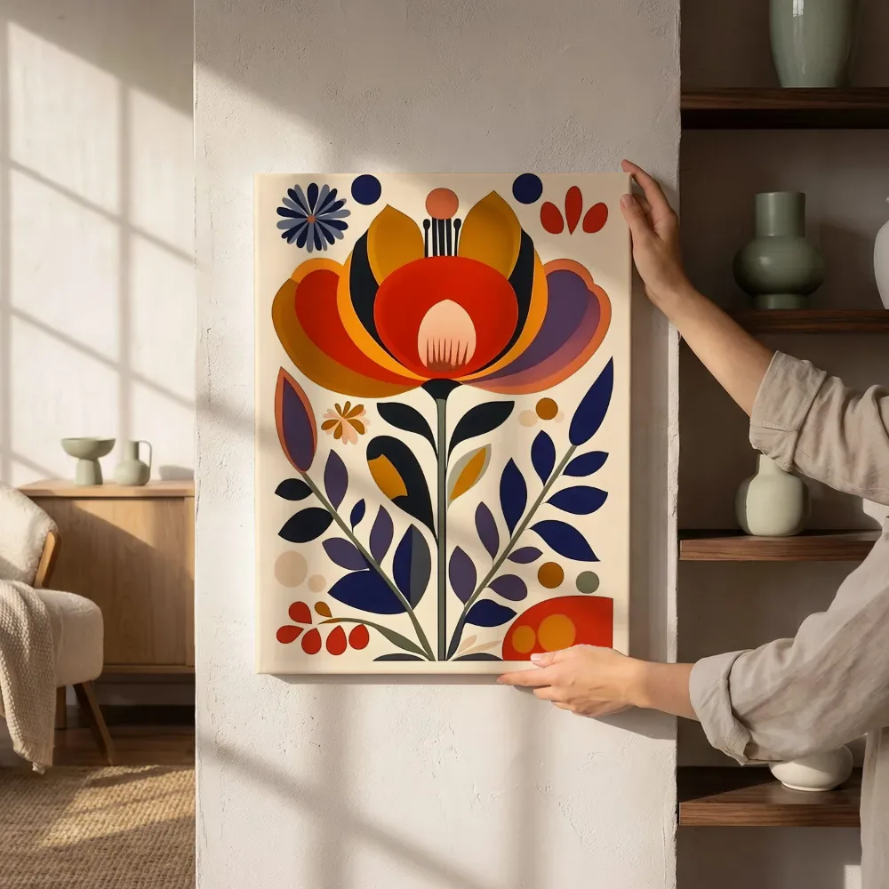 Sfeerimpressie: Folk art bloem in warme kleuren naast de kast