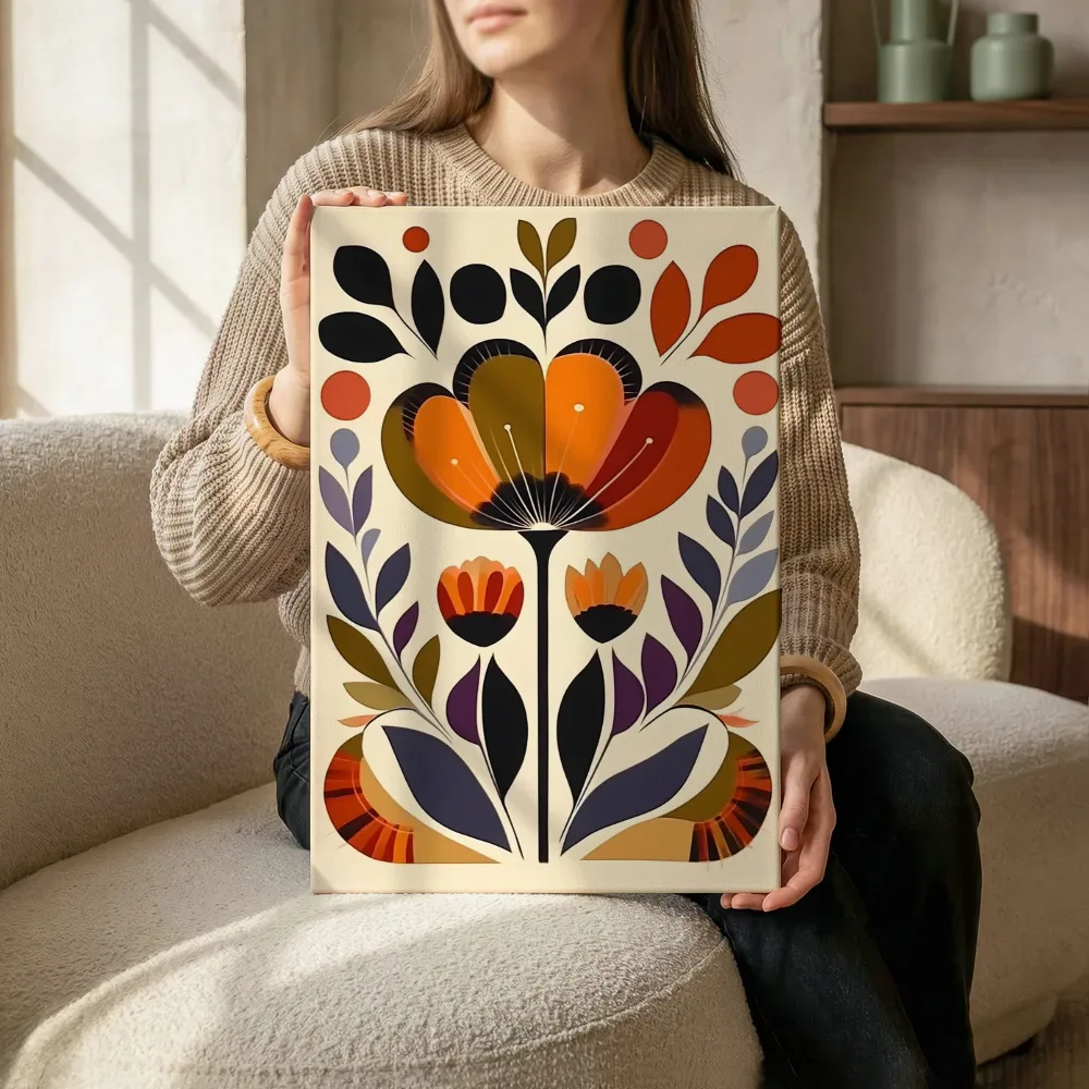 Sfeerimpressie: Folk art bloemenpaneel in oranje en bruin naast de kast