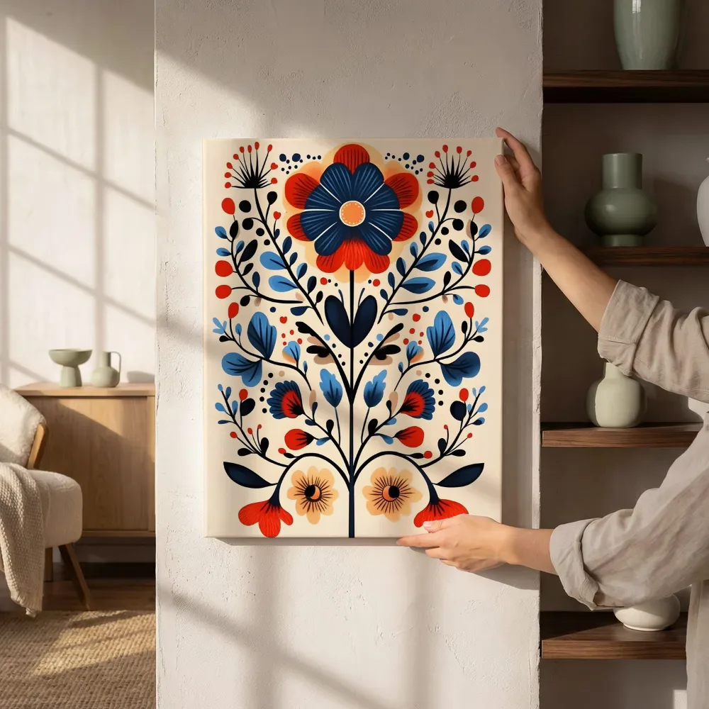 Sfeerimpressie: Folk bloemmotief in rood en blauw naast de kast