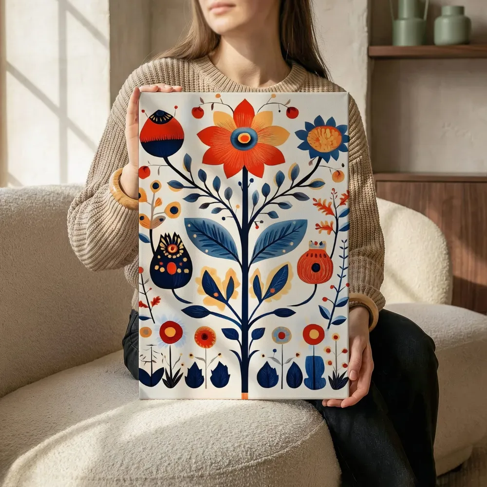 Sfeerimpressie: Folklore bloementak rood-blauw terwijl het zittend wordt getoond