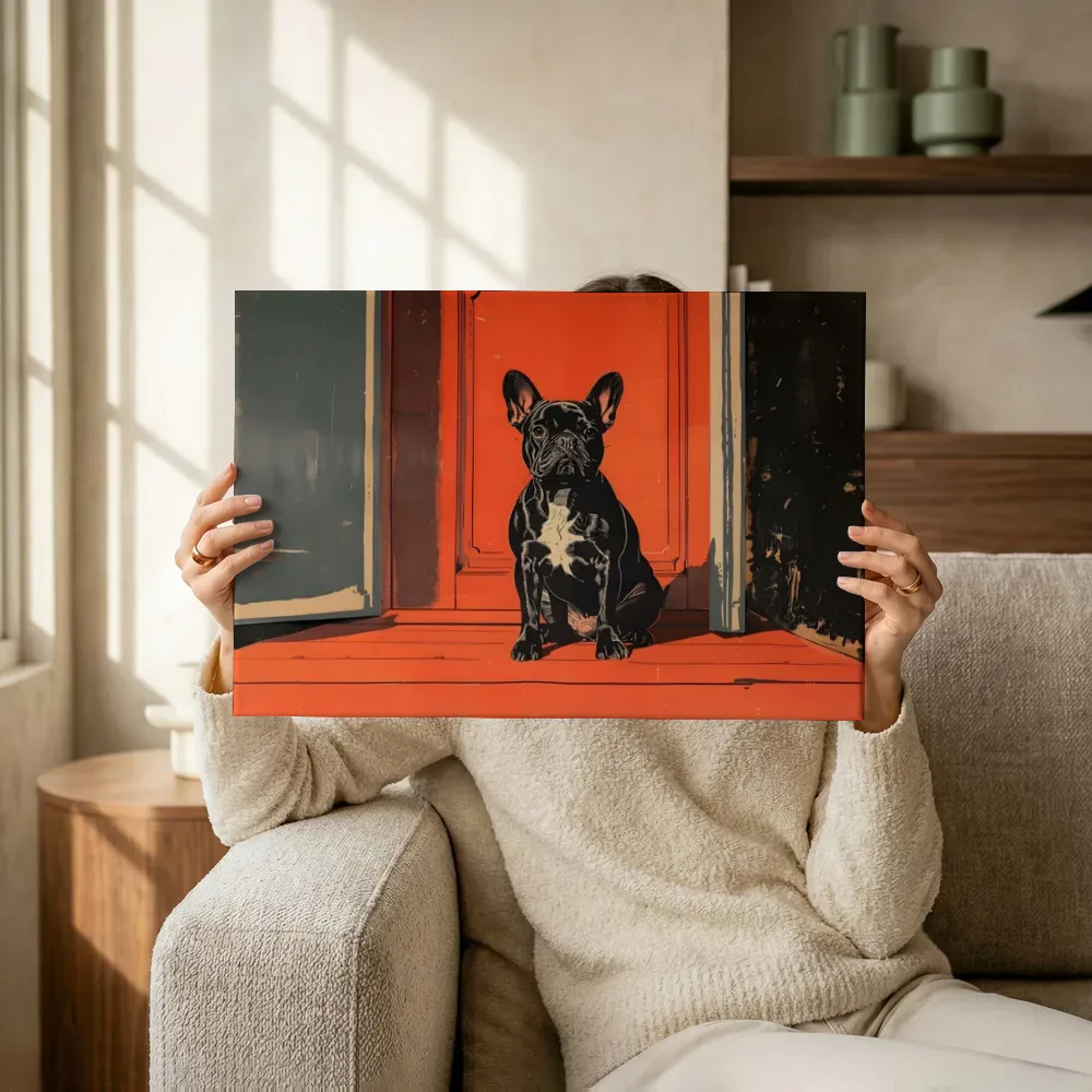 Sfeerimpressie: Franse bulldog in oranje deuropening terwijl het omhoog wordt gehouden