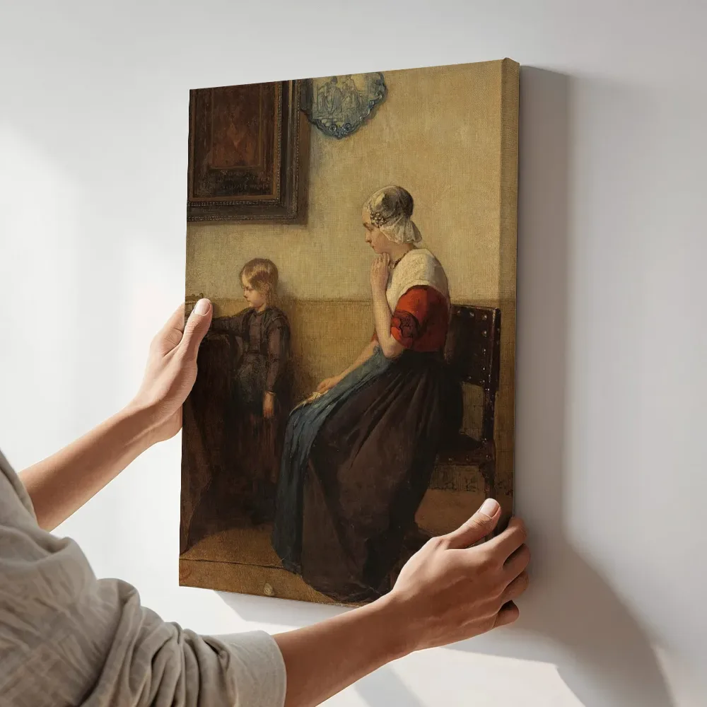 Sfeerimpressie: Friesch interieur met jonge boerin en meisje van Christoffel Bisschop terwijl het aan de muur wordt gehangen