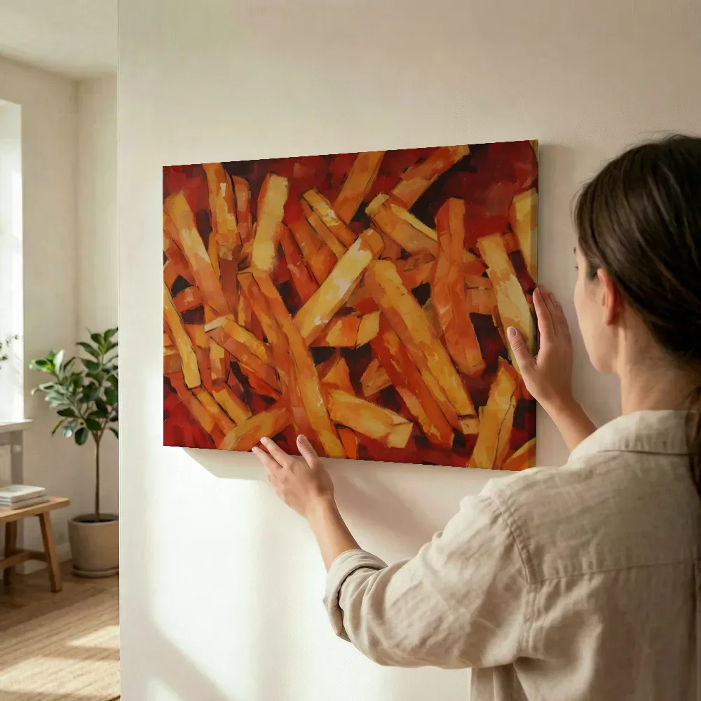 Sfeerimpressie: Frietjes in abstracte stijl terwijl het wordt opgehangen