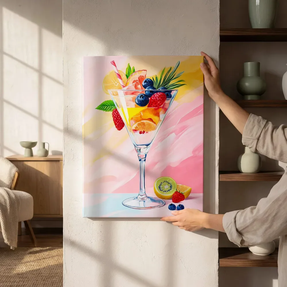 Sfeerimpressie: Fruitcocktail in martiniglas naast de kast