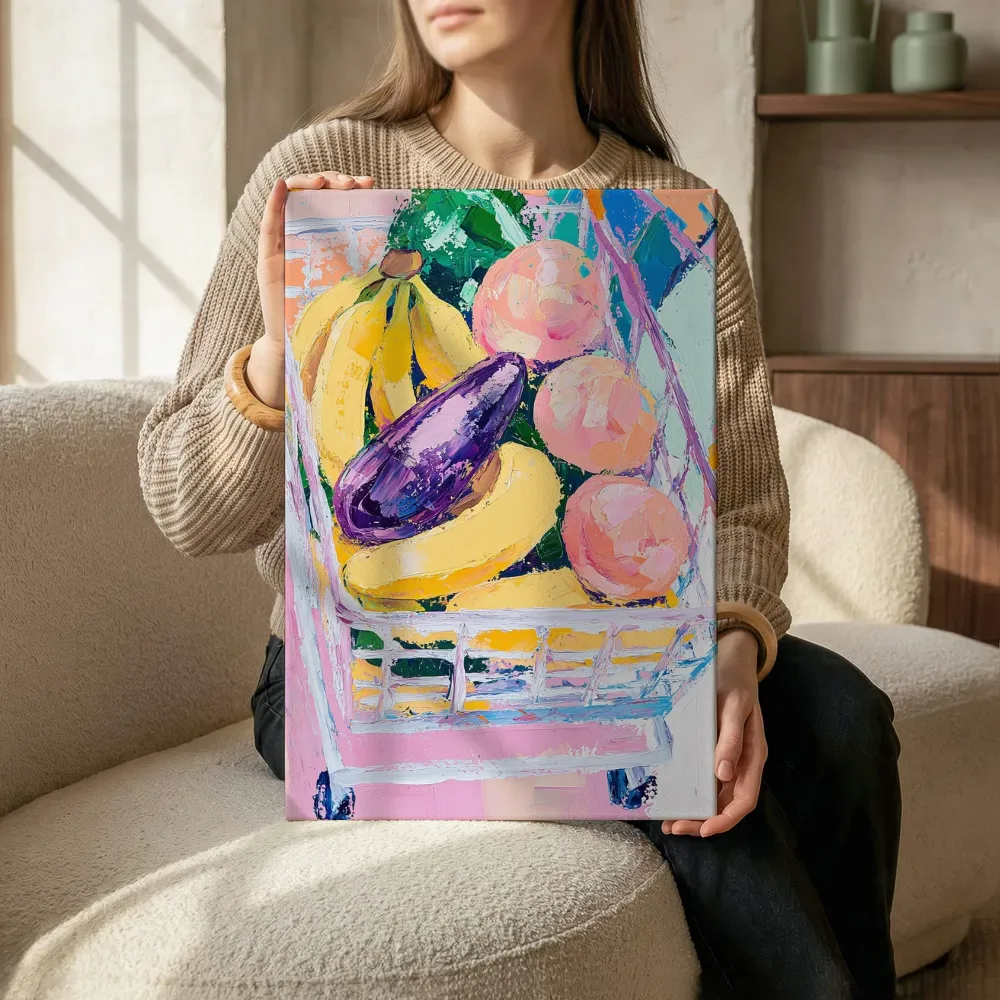 Sfeerimpressie: Fruitmand met bananen en aubergine terwijl het zittend wordt getoond