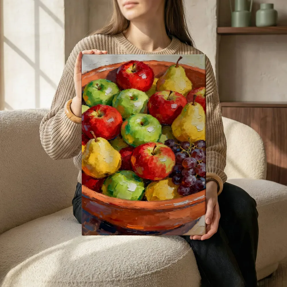 Sfeerimpressie: Fruitschaal met appels en peren terwijl het zittend wordt getoond