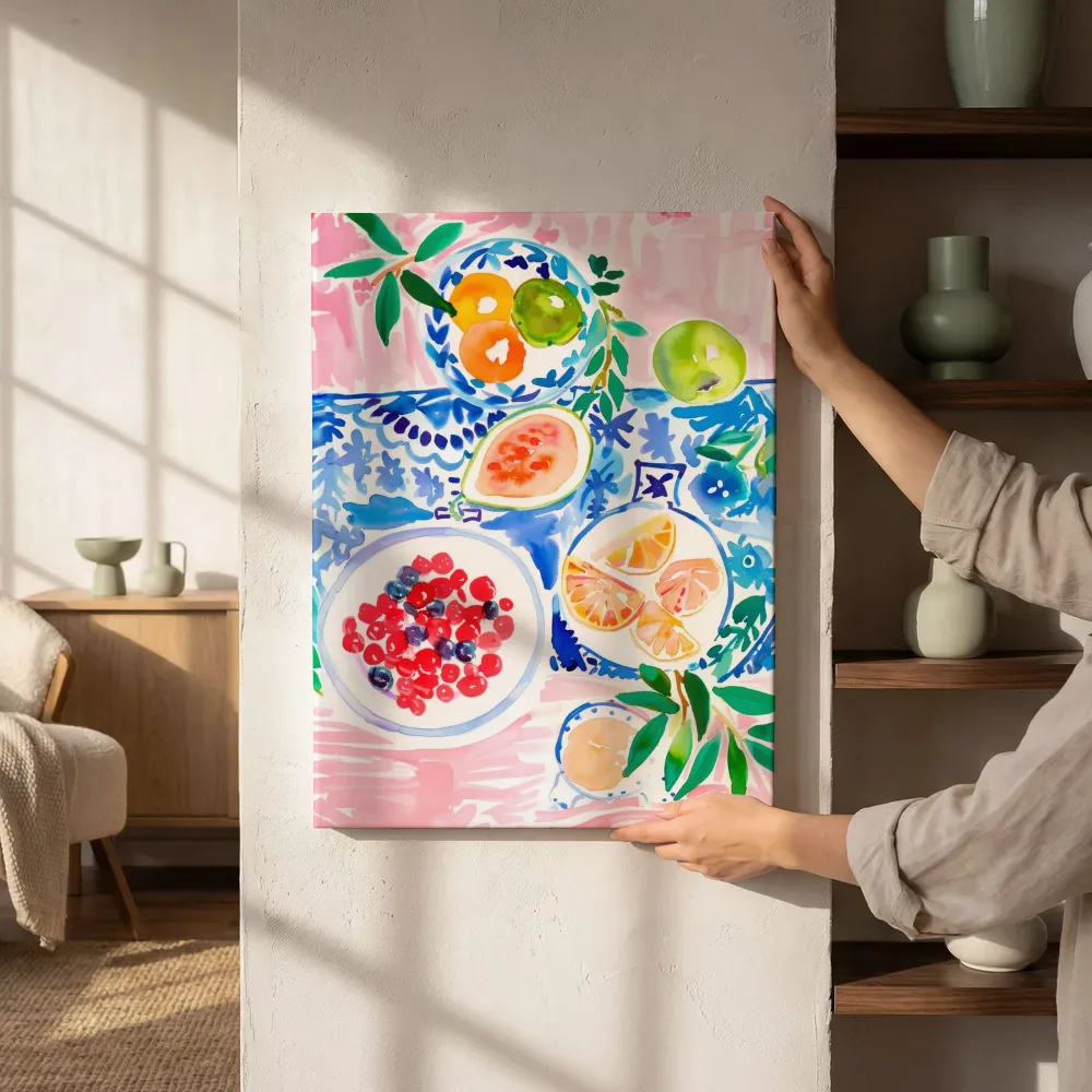 Sfeerimpressie: Fruitschalen op blauw aardewerk naast de kast