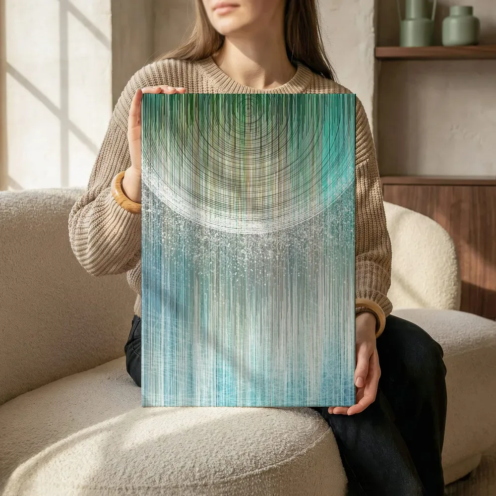 Sfeerimpressie: Futuristische lichtcirkels in teal terwijl het zittend wordt getoond