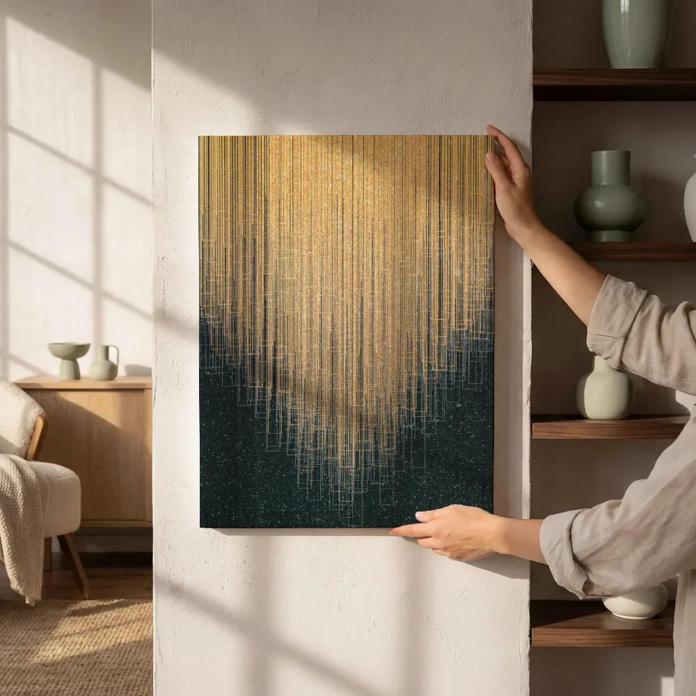 Sfeerimpressie: Futuristische lichtregen in goud en zwart boven skyline naast de kast