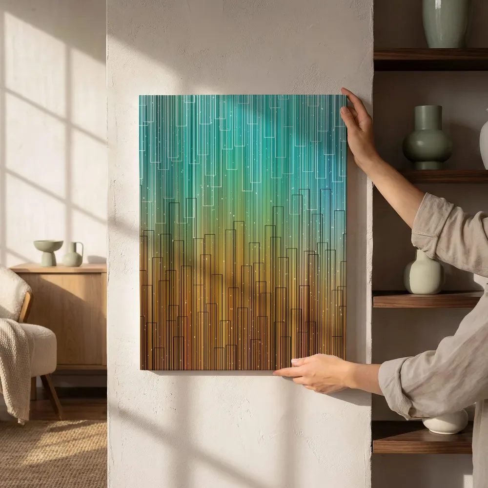 Sfeerimpressie: Futuristische lichtregen in teal en goud boven skyline naast de kast