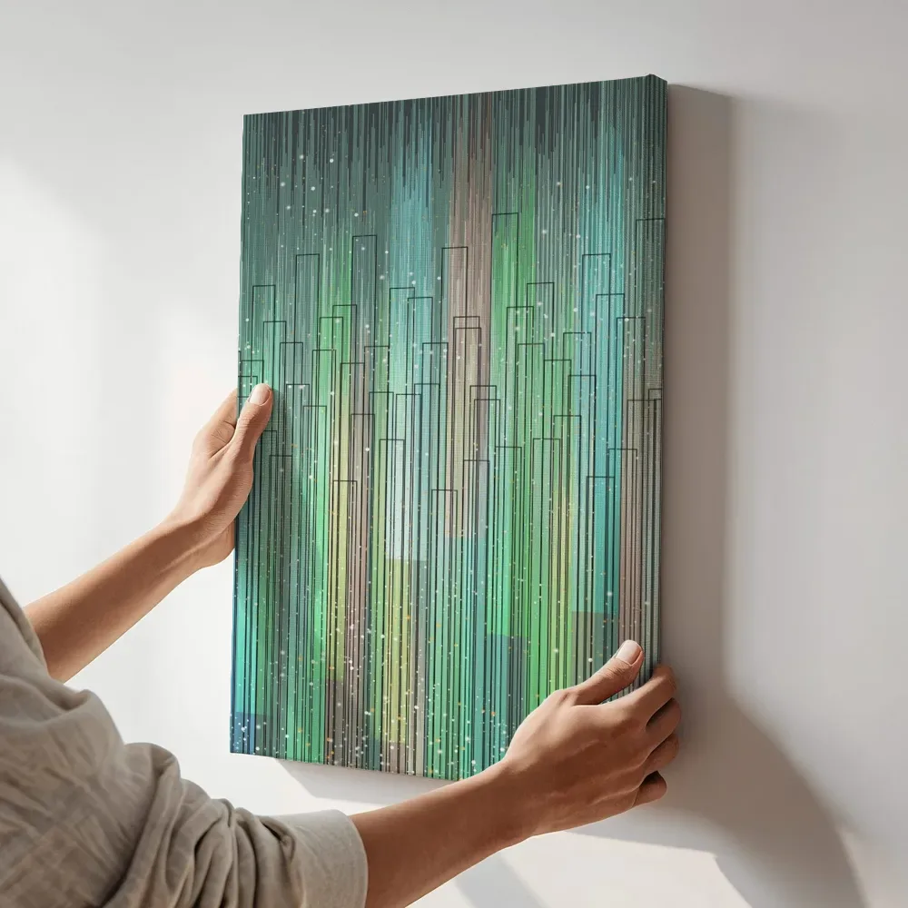 Sfeerimpressie: Futuristische skyline trapsgewijs in groen en goud terwijl het aan de muur wordt gehangen