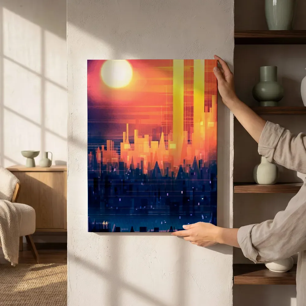 Sfeerimpressie: Futuristische skyline bij zonsondergang naast de kast