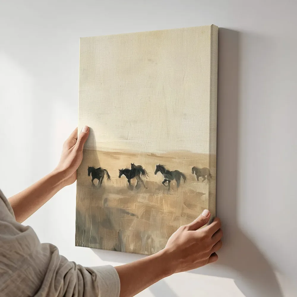 Sfeerimpressie: Galopperende paarden in de vlakte terwijl het aan de muur wordt gehangen
