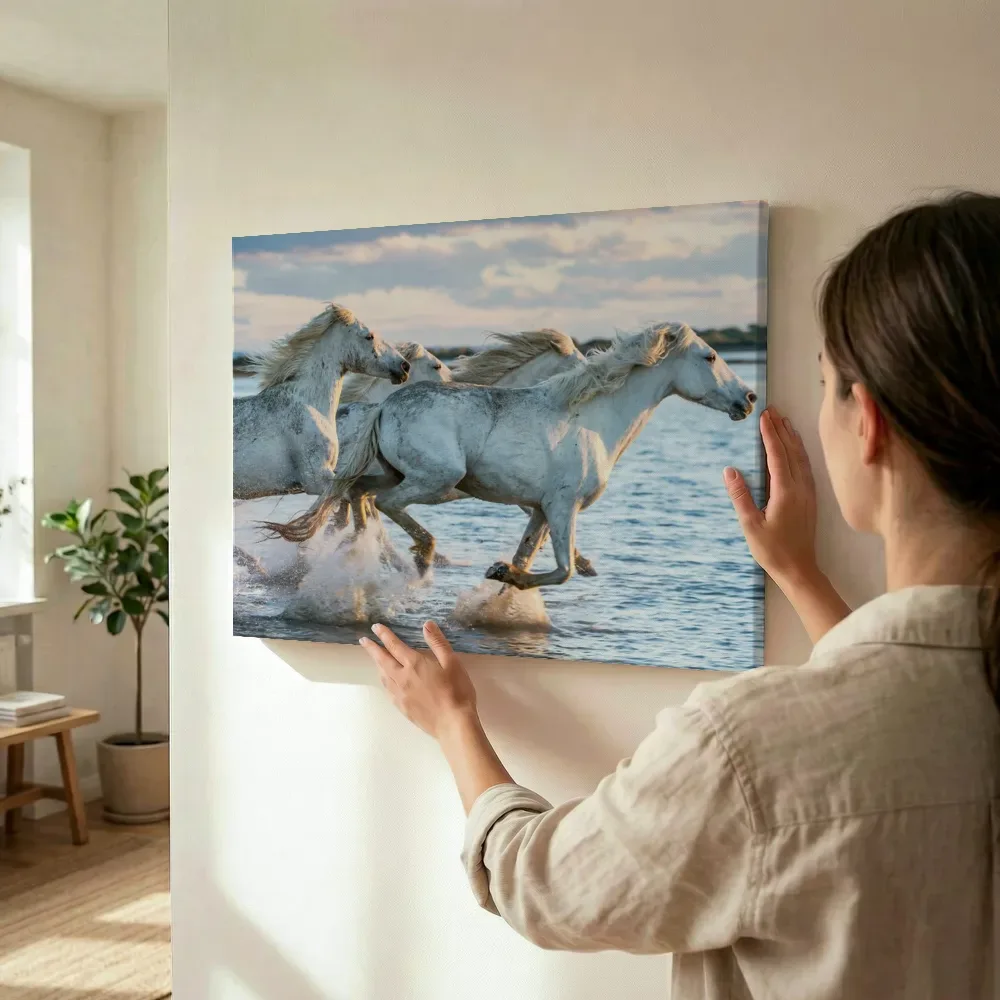 Sfeerimpressie: Galopperende witte paarden door het water terwijl het wordt opgehangen
