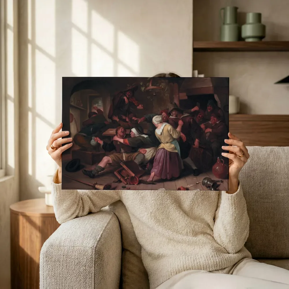 Sfeerimpressie: Gamblers' Quarrel van Jan Steen terwijl het omhoog wordt gehouden