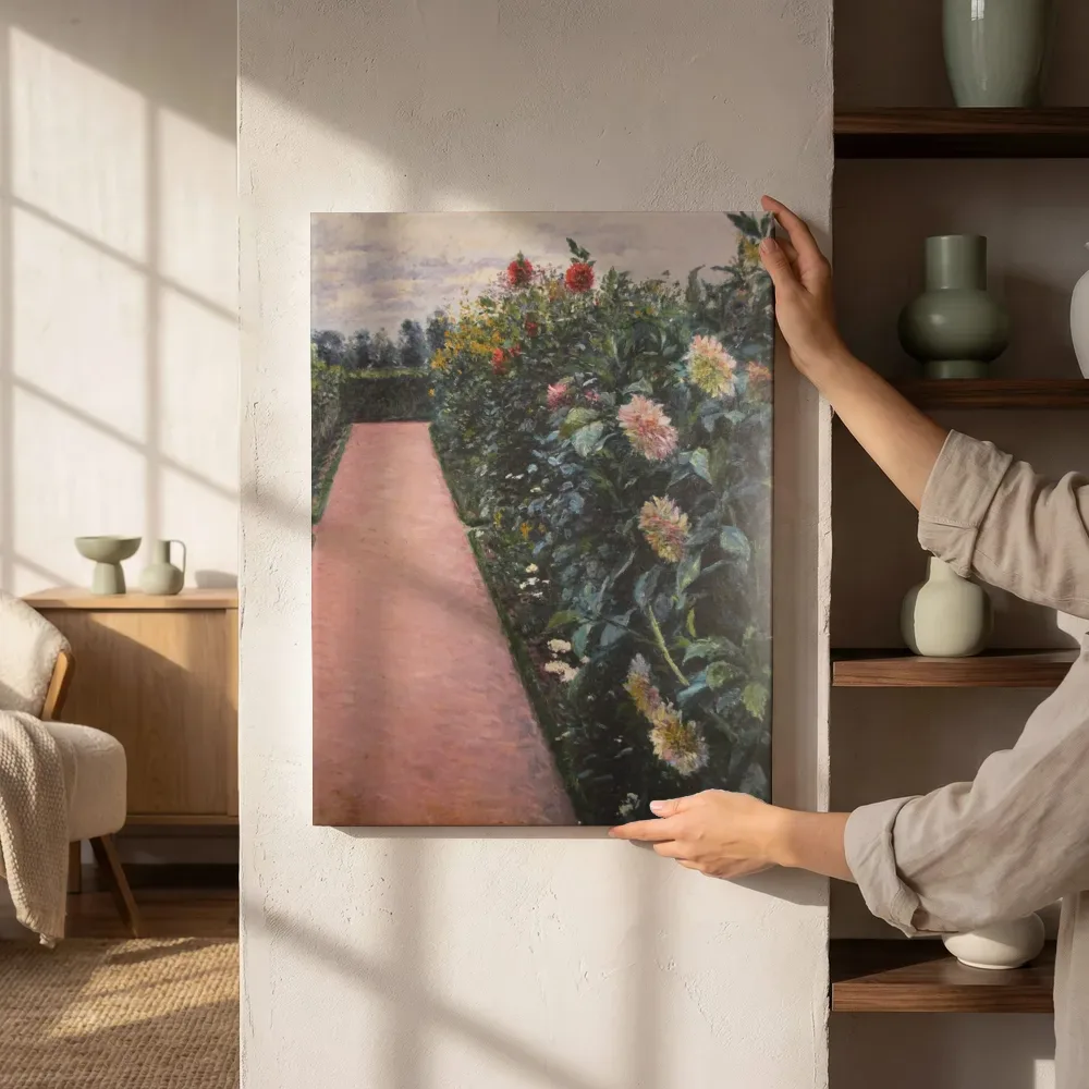 Sfeerimpressie: Tuinpad en dahliabed, Petit Gennevilliers van Gustave Caillebotte naast de kast