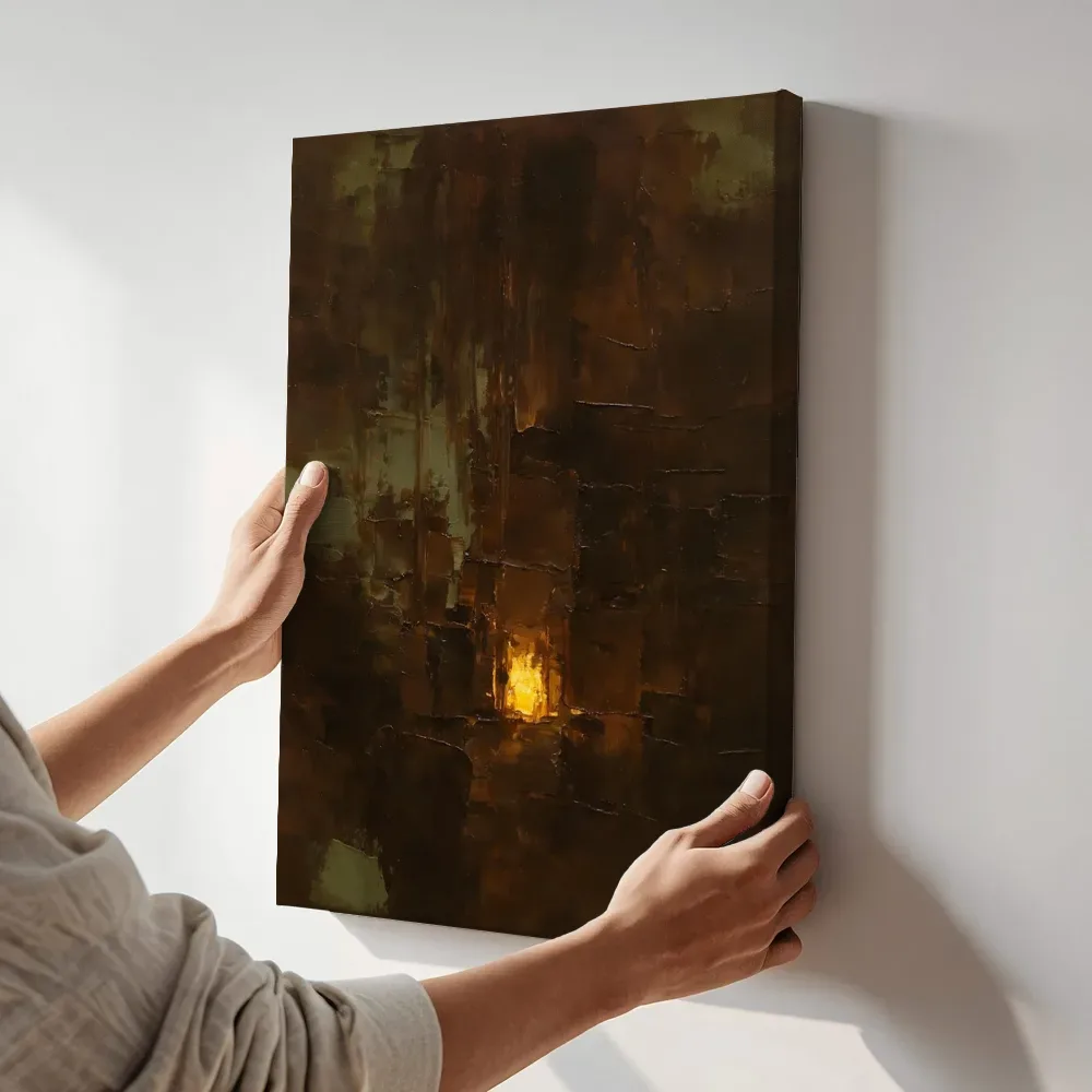 Sfeerimpressie: Gebrande omber en goud met verre gloed terwijl het aan de muur wordt gehangen