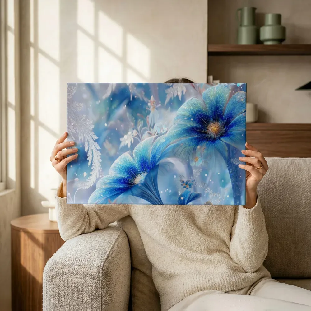 Sfeerimpressie: Gedraaide kristalbloem in blauw terwijl het omhoog wordt gehouden