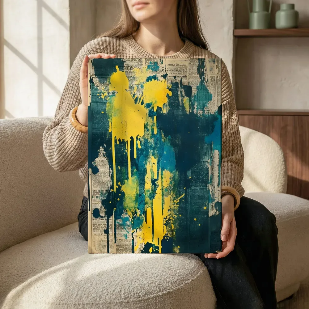 Sfeerimpressie: Geel blauw inkt splash terwijl het zittend wordt getoond