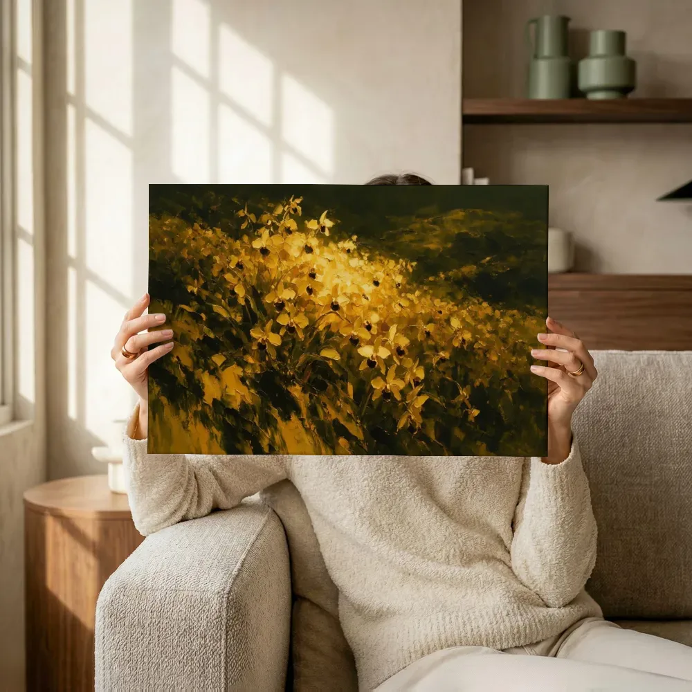 Sfeerimpressie: Geel bloemenveld op de helling in goudoker terwijl het omhoog wordt gehouden