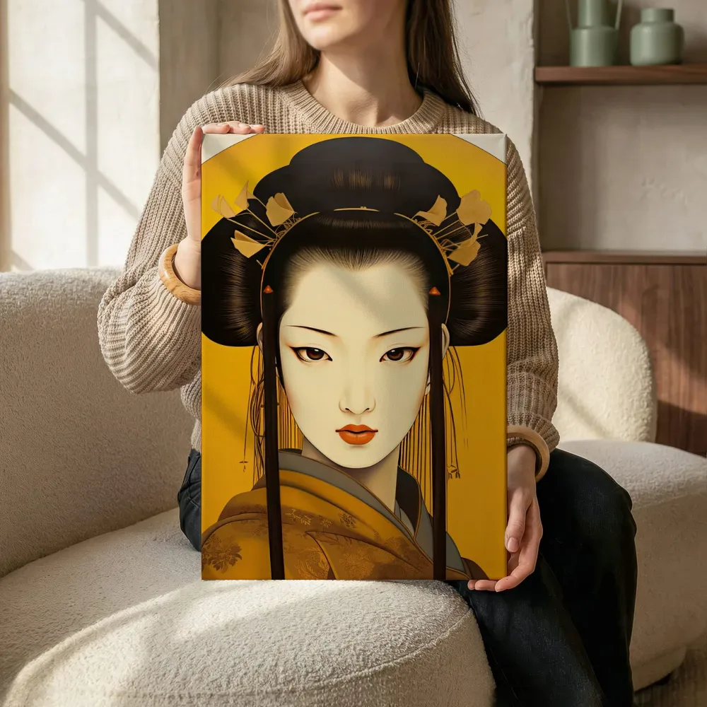 Sfeerimpressie: Geisha met gouden hoofdtooi terwijl het zittend wordt getoond