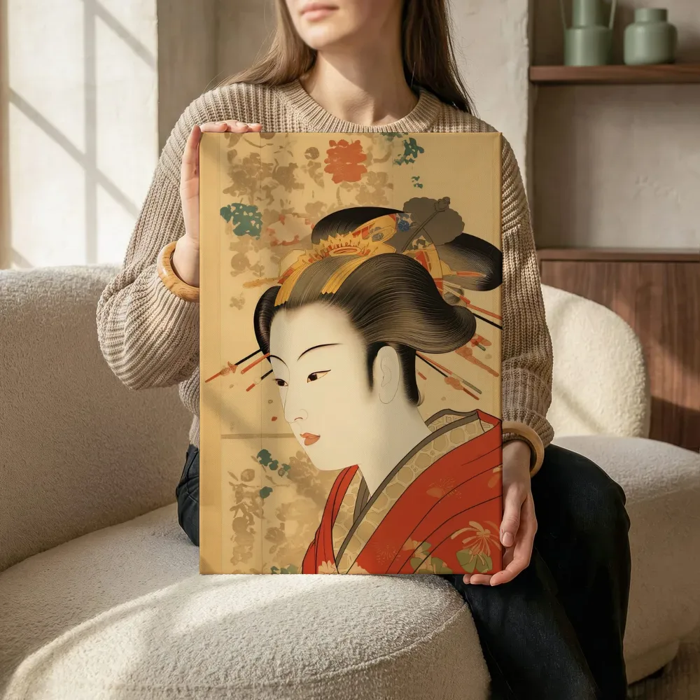 Sfeerimpressie: Geisha in profiel met gouden haartooi terwijl het zittend wordt getoond