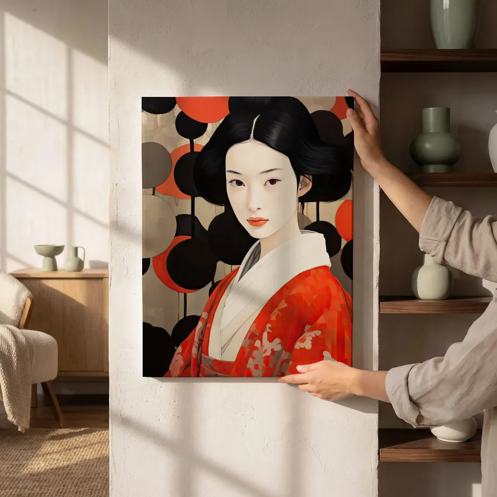 Sfeerimpressie: Geisha met cirkelpatroon in zwart en oud-goud naast de kast