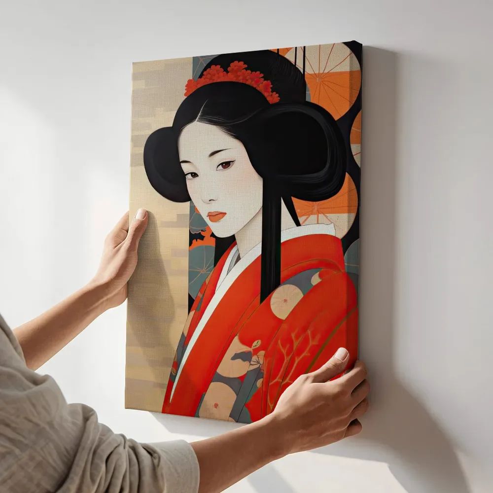 Sfeerimpressie: Geisha in rode kimono met parasolmotief terwijl het aan de muur wordt gehangen