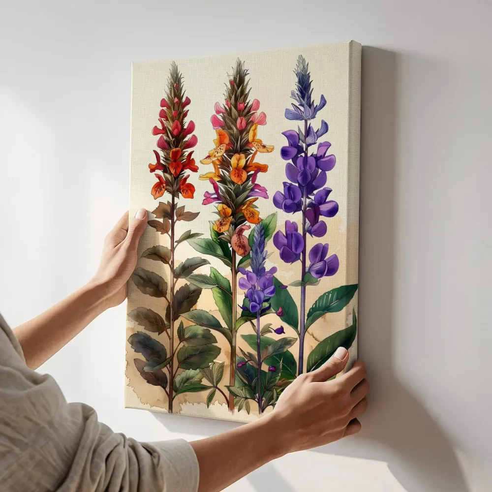 Sfeerimpressie: Gekleurde bloeiwijzen botanische prent terwijl het aan de muur wordt gehangen