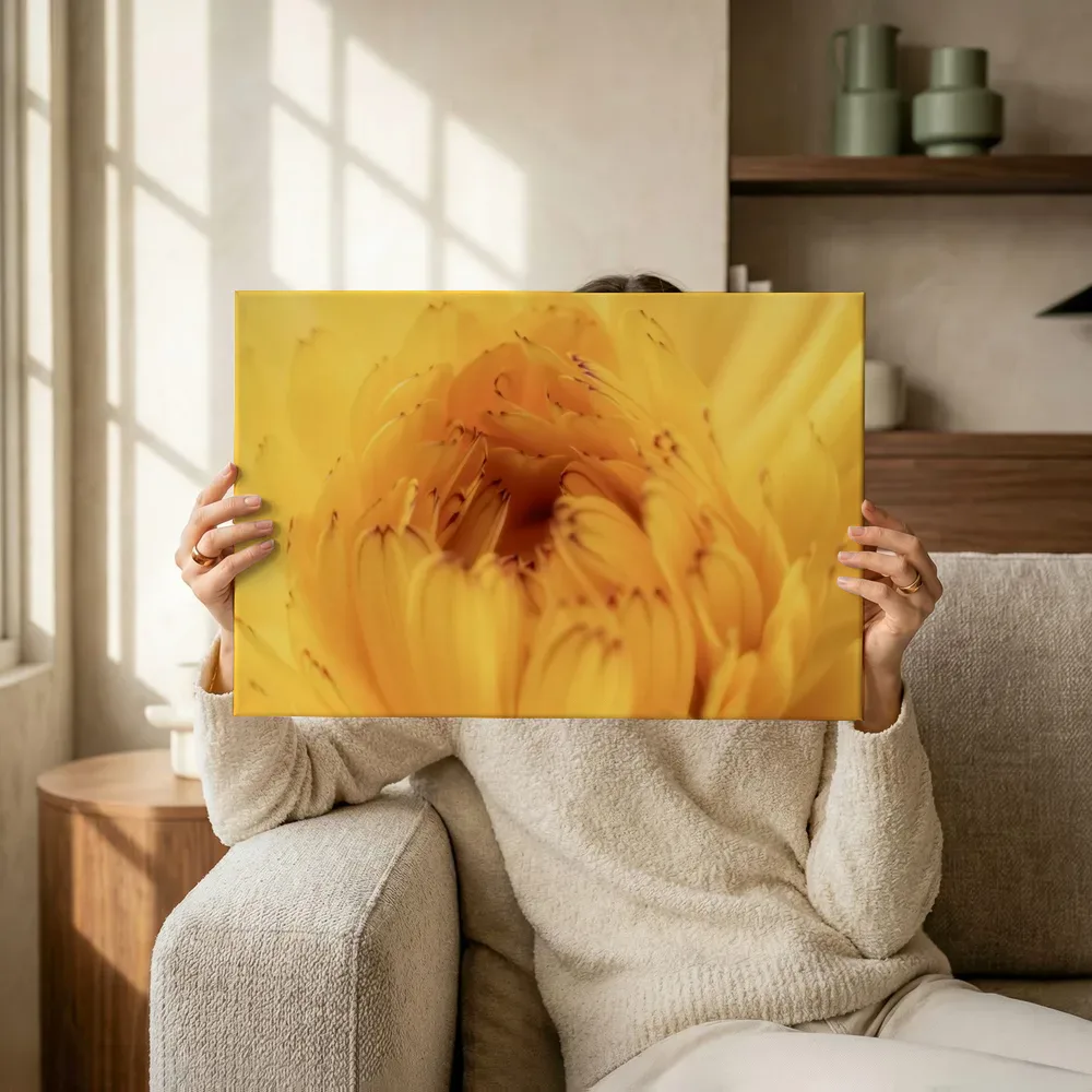 Sfeerimpressie: Gele bloem in extreme close-up terwijl het omhoog wordt gehouden