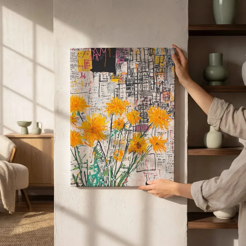 Sfeerimpressie: Gele bloemen op krantencollage naast de kast