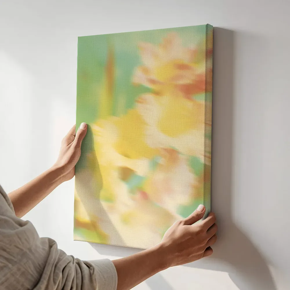 Sfeerimpressie: Gele bloemenroes terwijl het aan de muur wordt gehangen