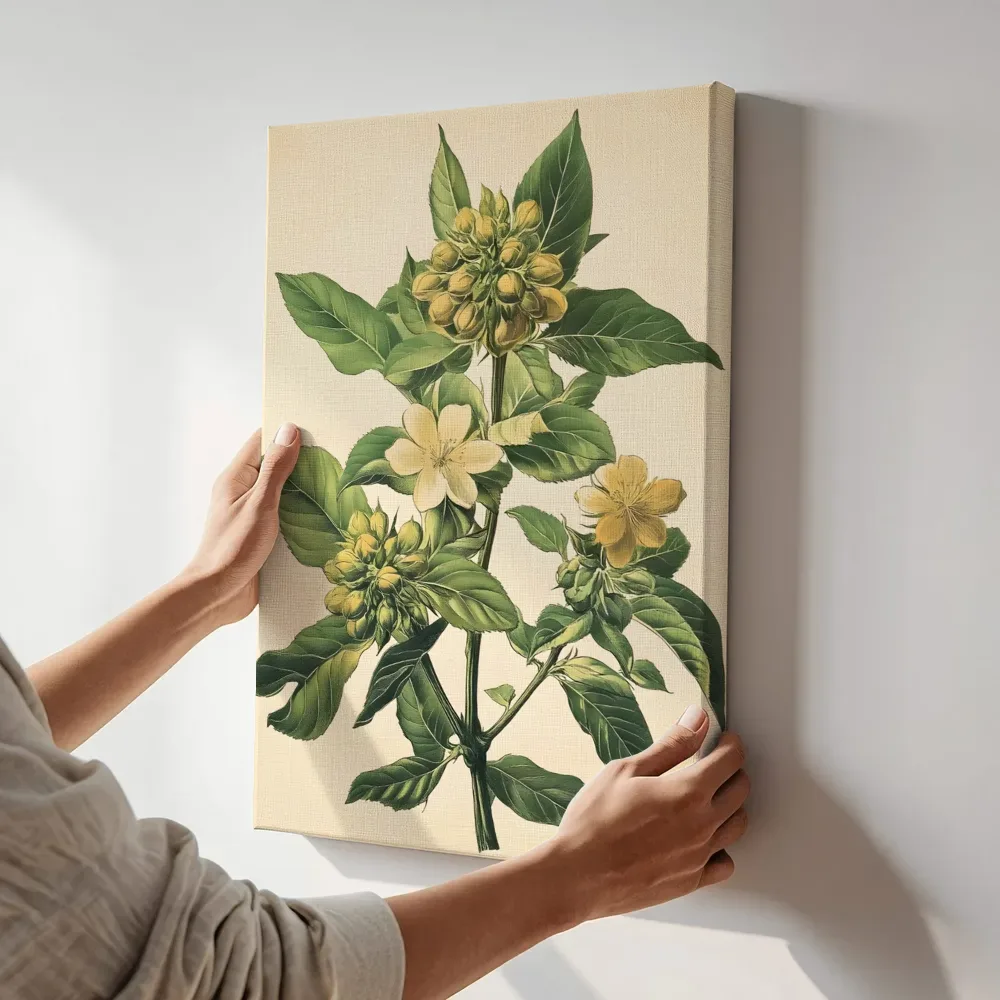 Sfeerimpressie: Gele botanische bloemtrossen terwijl het aan de muur wordt gehangen