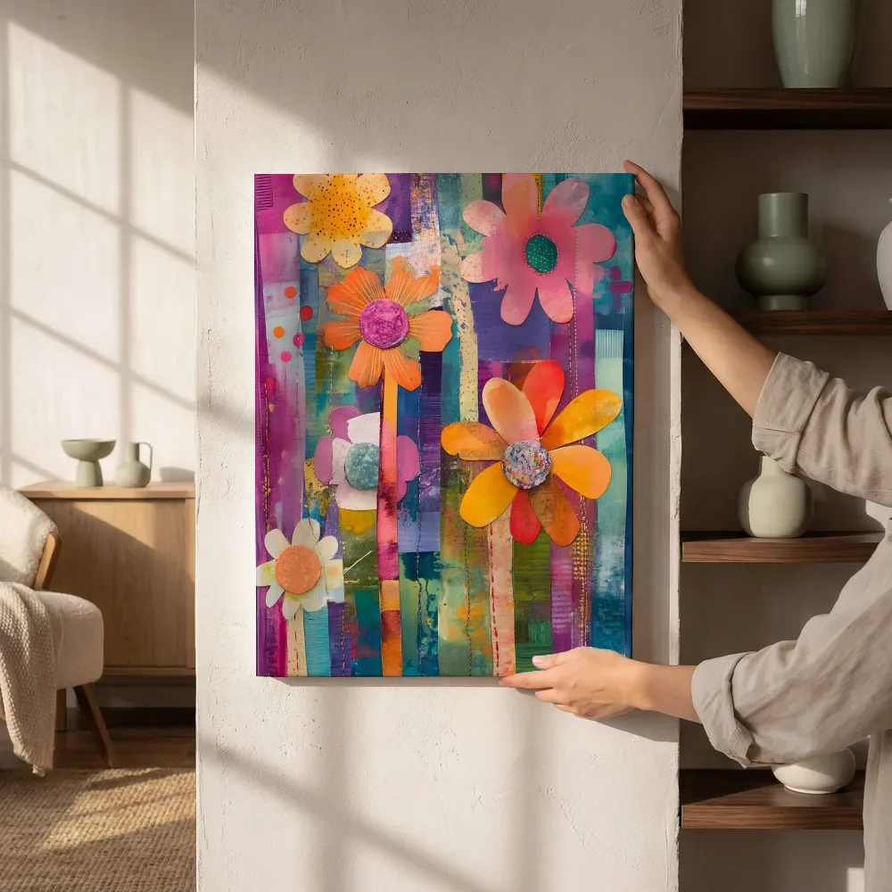 Sfeerimpressie: Gele en oranje bloemen collage naast de kast