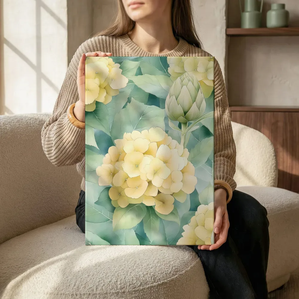 Sfeerimpressie: Gele hortensia close-up terwijl het zittend wordt getoond